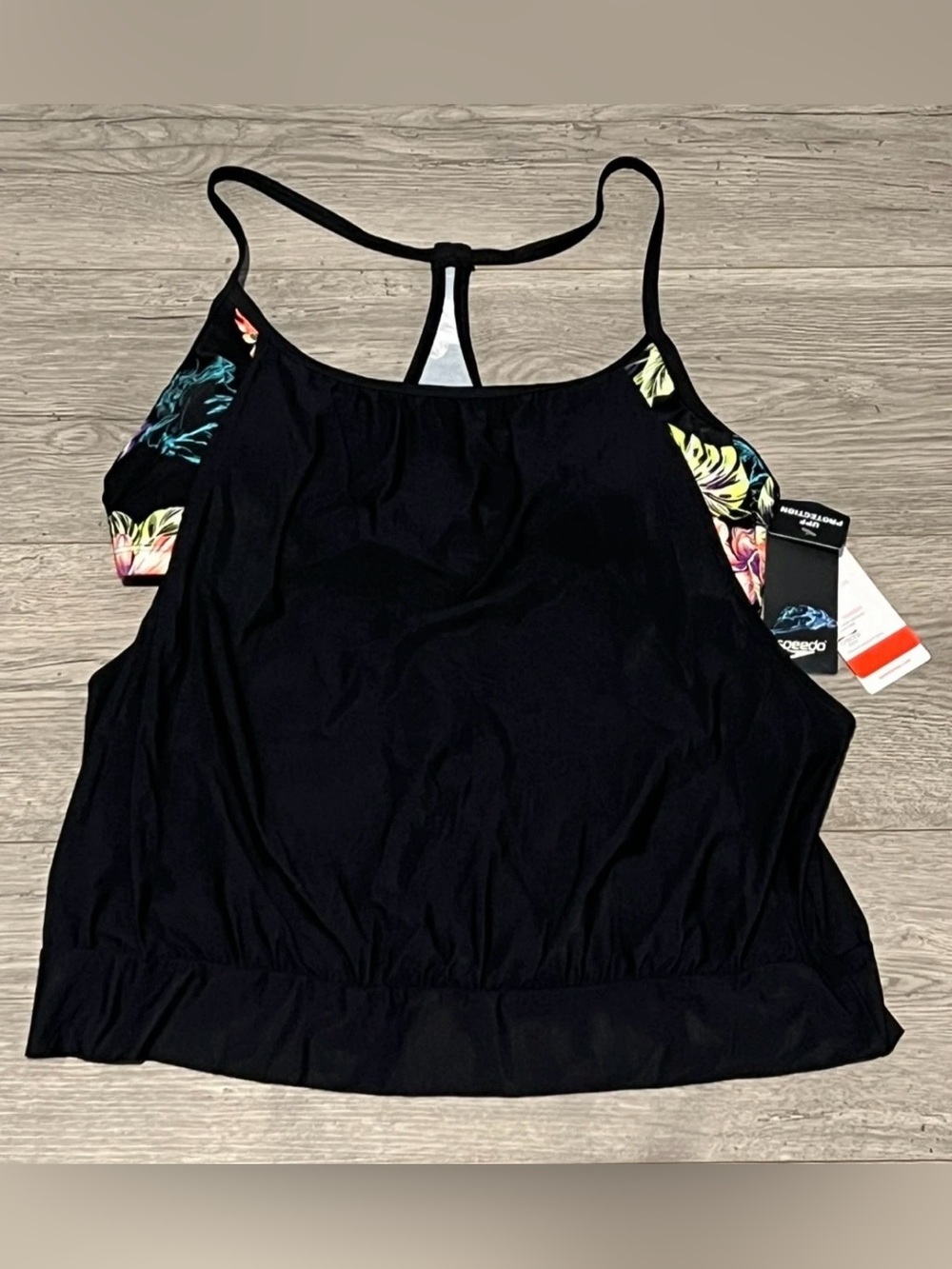 XL SPEEDO Swim Womens Black Layered Tankini Top Athletic Blouson Swimsuit $62